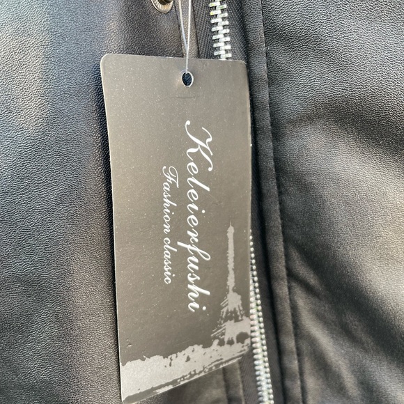 Faux Leather Moto Jacket Black Zip Up Belted - Picture 8 of 13